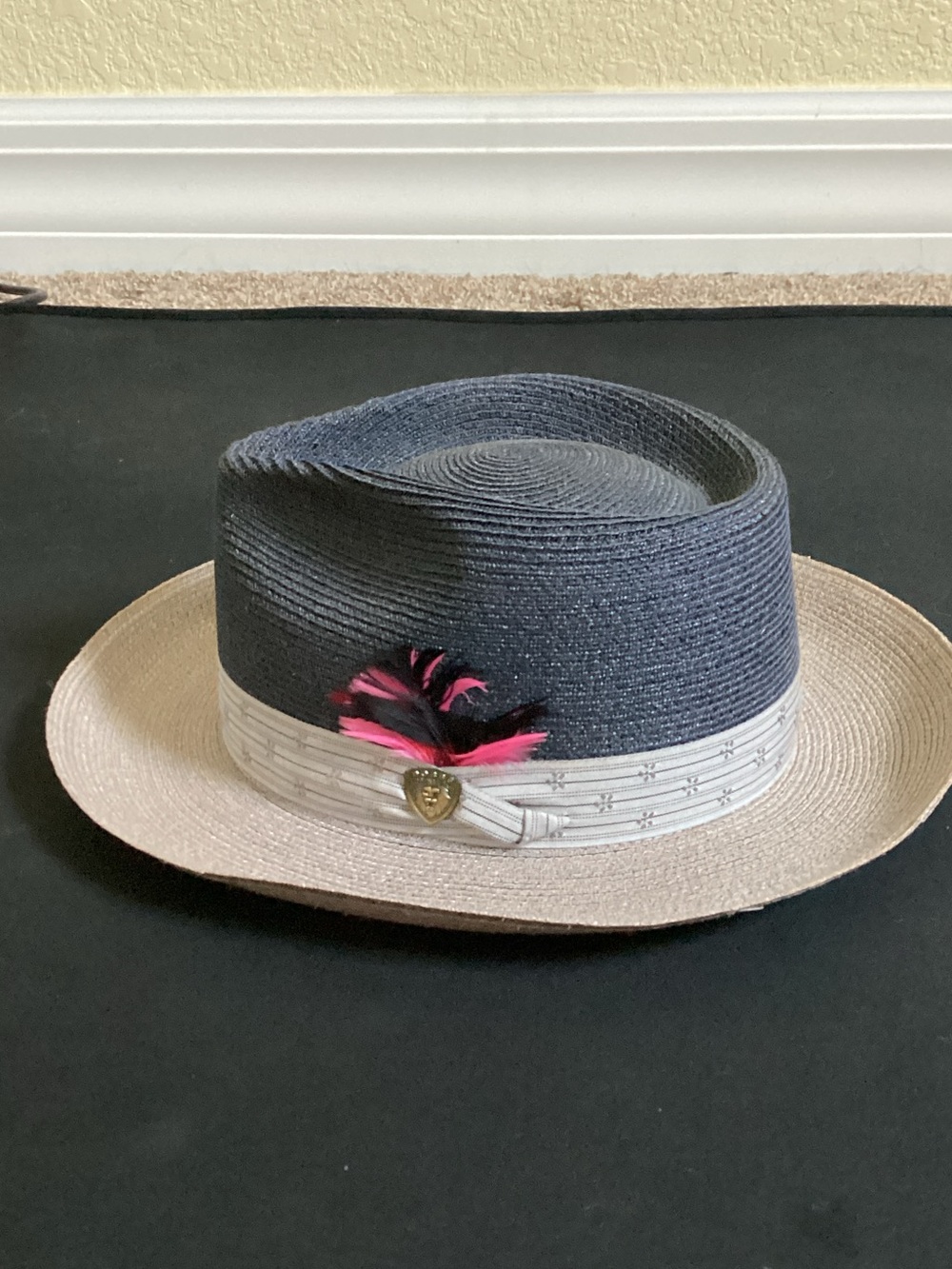 Two-Tone Straw Fedora with Navy Crown and Beige Brim